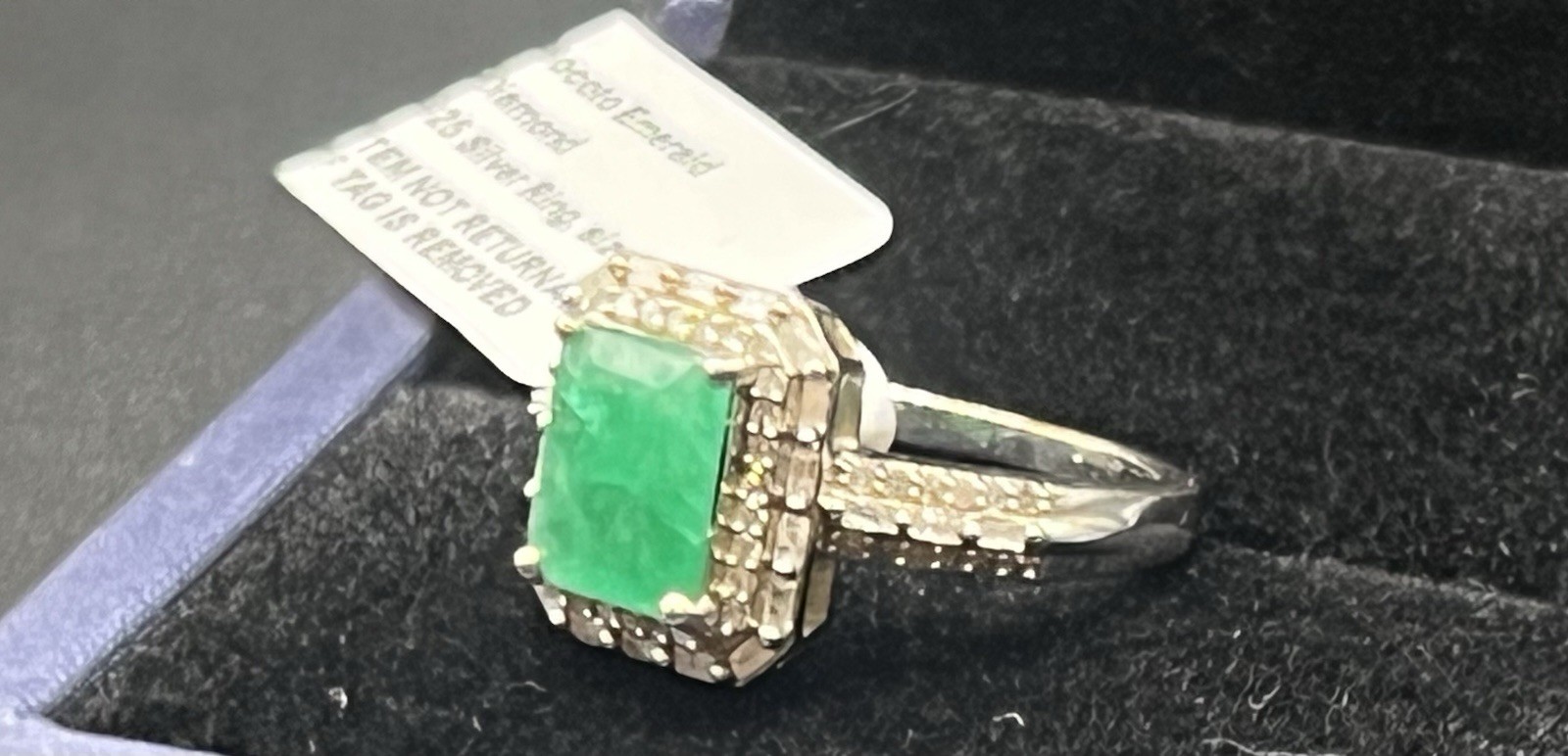 9x7mm Emerald Ring  With Diamond Accents 925 Sterling Silver Size 8. Made In USA