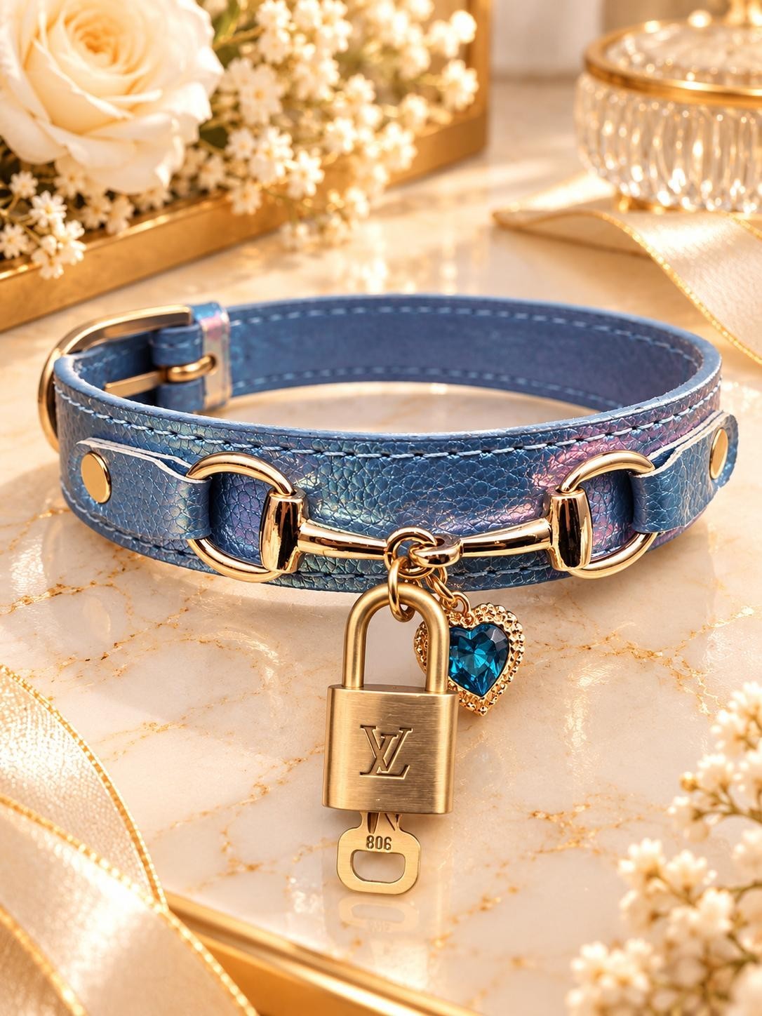 Authentic Louis Vuitton Gold Padlock Key w/ Unbranded Dog Cat Collar Pet Charm