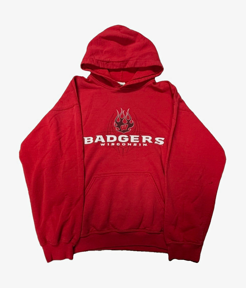 Vintage Wisconsin Badgers Hoodie Red Large Gildan Heavy Blend Flame Tribal Y2K Vintage Wisconsin Badgers Hoodie Red Large Gildan Heavy Blend Flame Tribal Y2K