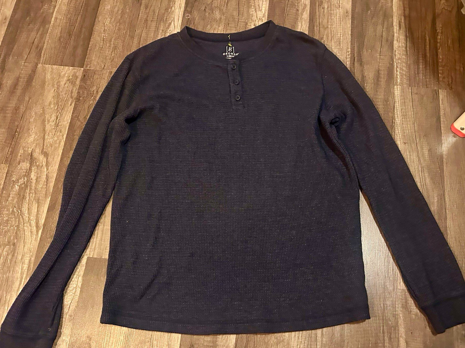George Men\'s Black Long Sleeve Henley T-Shirt Cotton Knit Button Size L George Men\'s Black Long Sleeve Henley T-Shirt Cotton Knit Button Size L