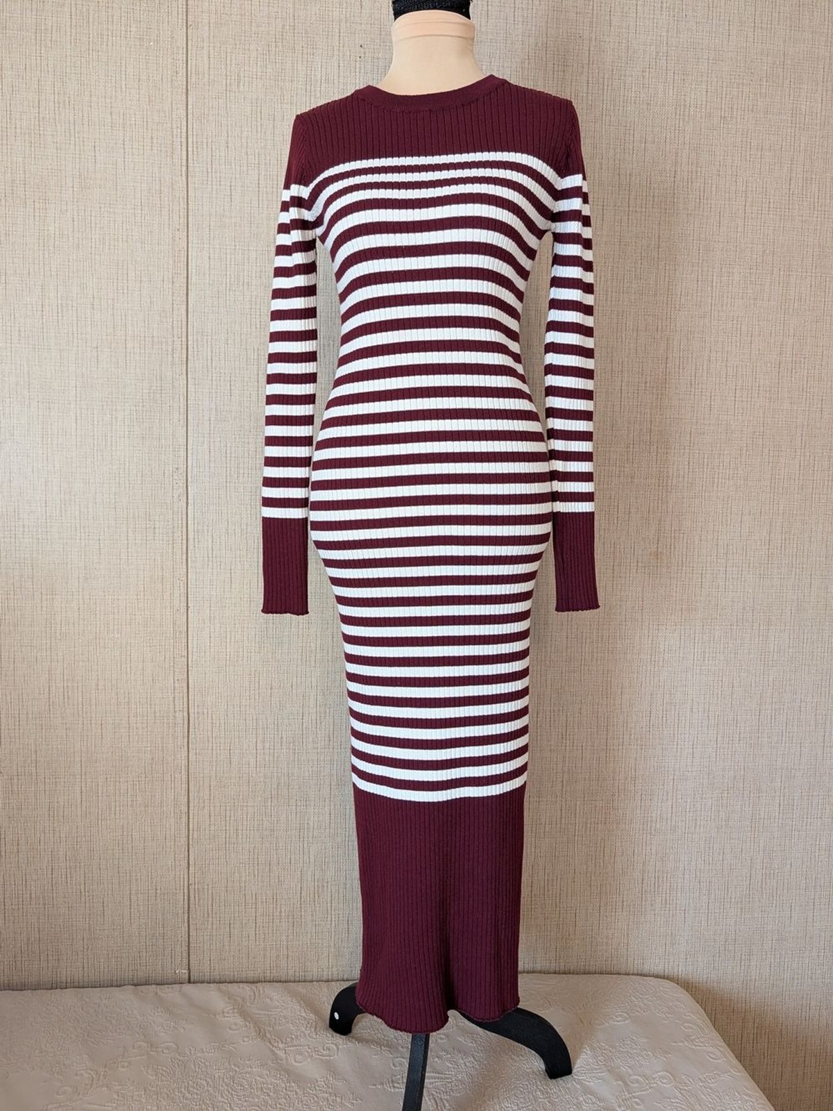 Ribbed Burgundy and White Striped Long Sleeve Maxi Dress Ribbed Burgundy and White Striped Long Sleeve Maxi Dress