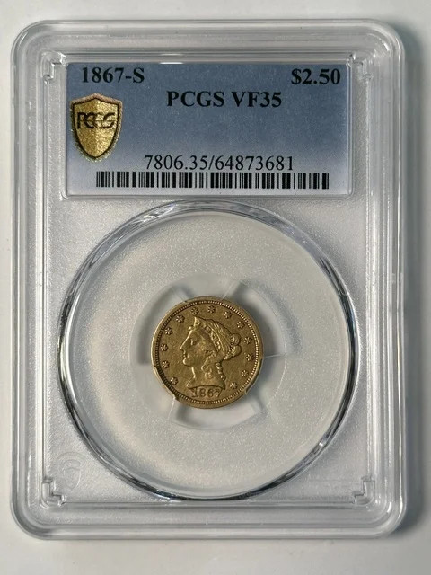 1867-S $2.50 Gold Liberty Head Quarter Eagle PCGS VF-35 RARE DATE 1867-S $2.50 Gold Liberty Head Quarter Eagle PCGS VF-35 RARE DATE