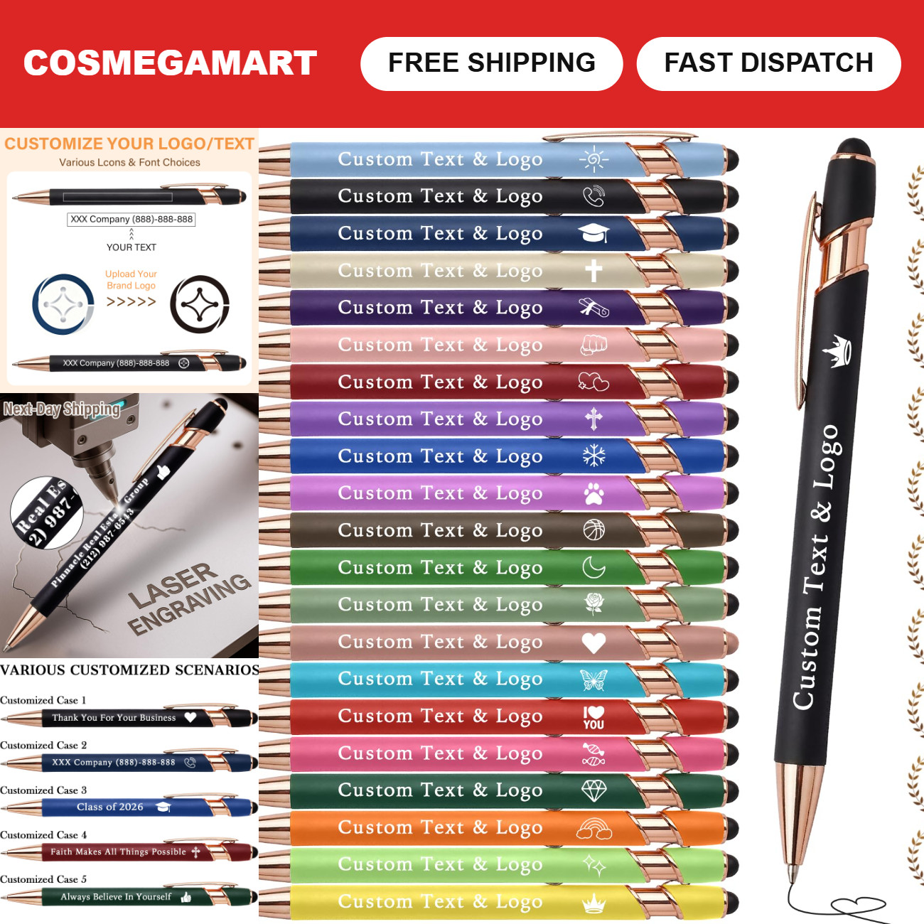 Custom Engraved Pens - Bulk Personalized Metal Ballpoint Click Pens, 50-3000 Pcs