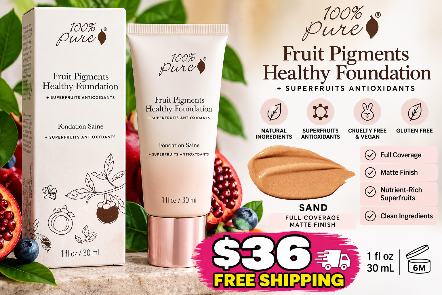 100% Pure Fruit Pigments Healthy Foundation Sand 1 fl oz 30ml Matte Vegan 6M PAO
