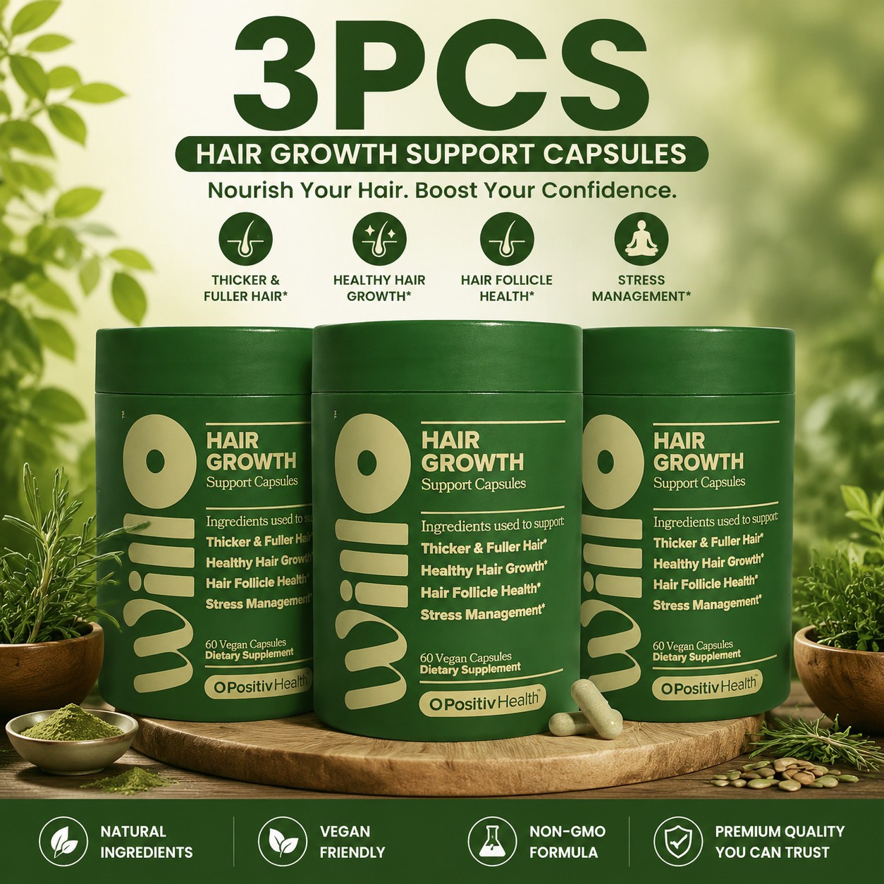 3PCS O Positiv Willo Hair Care Support Growth For Women Hair Health 60 Capsules