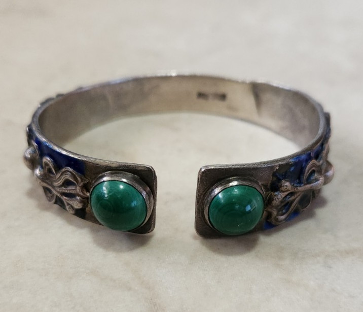 Antique Chinese Export Silver Enamel Filigree Cuff Bracelet 52g Malachite 1930s