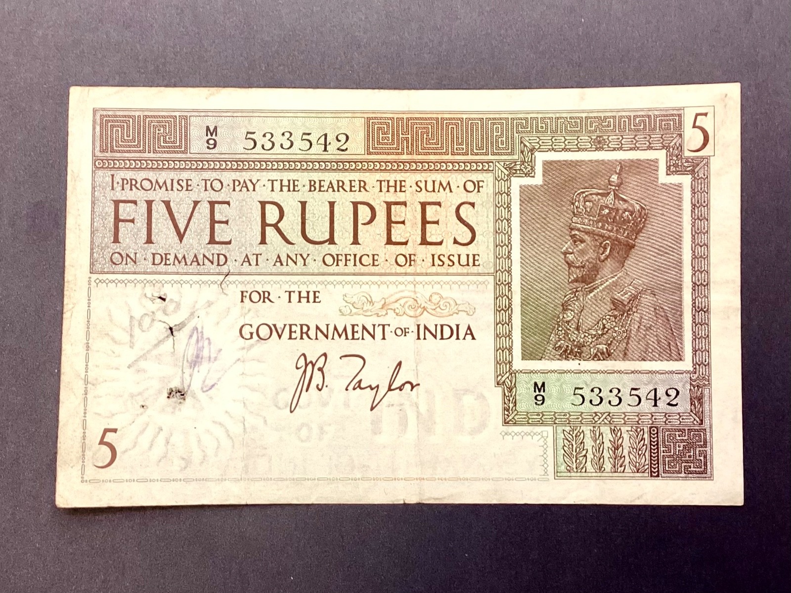 ~ British India 5 Five Rupees George V 1917 - 1930 J.B  Taylor - P 4b