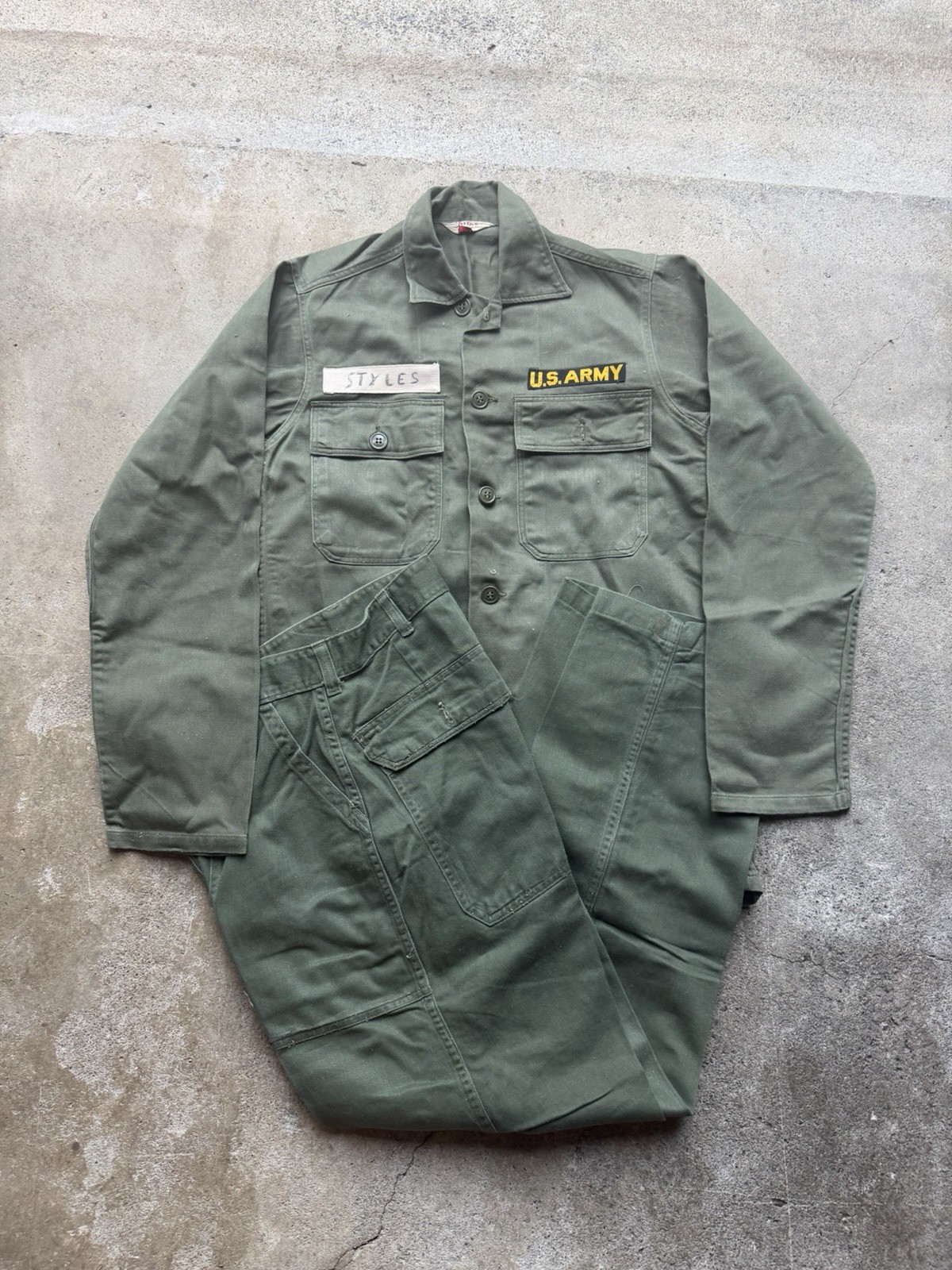 Vintage US Army OG 107 Fatigue Uniform Set BVD Shirt Trousers Named Vietnam Sm Vintage US Army OG 107 Fatigue Uniform Set BVD Shirt Trousers Named Vietnam Sm