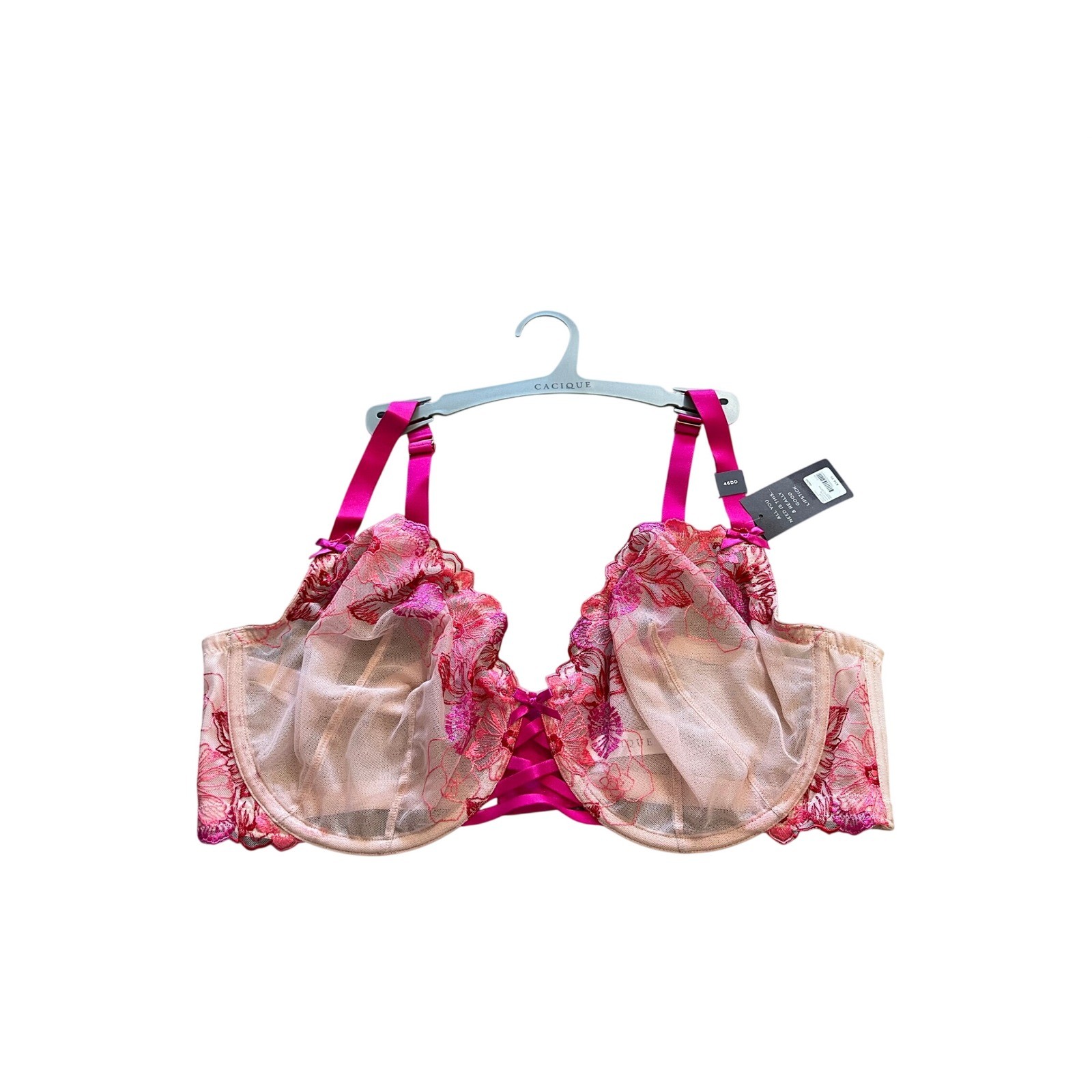 Cacique Unlined Balconette Bra 46DD Pink Red Floral Embroidered Sheer Mesh NWT