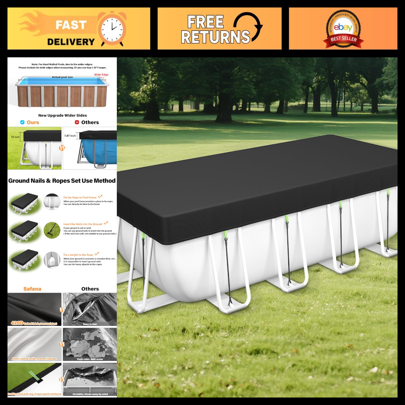 Winter Pool Cover 9x18 ft Rectangle for Above Ground Pools - Heavy Duty 420D Mat