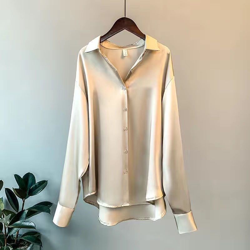 Women’s Satin Silk Button Up Shirt Vintage Long Sleeve Loose White Blouse Women’s Satin Silk Button Up Shirt Vintage Long Sleeve Loose White Blouse