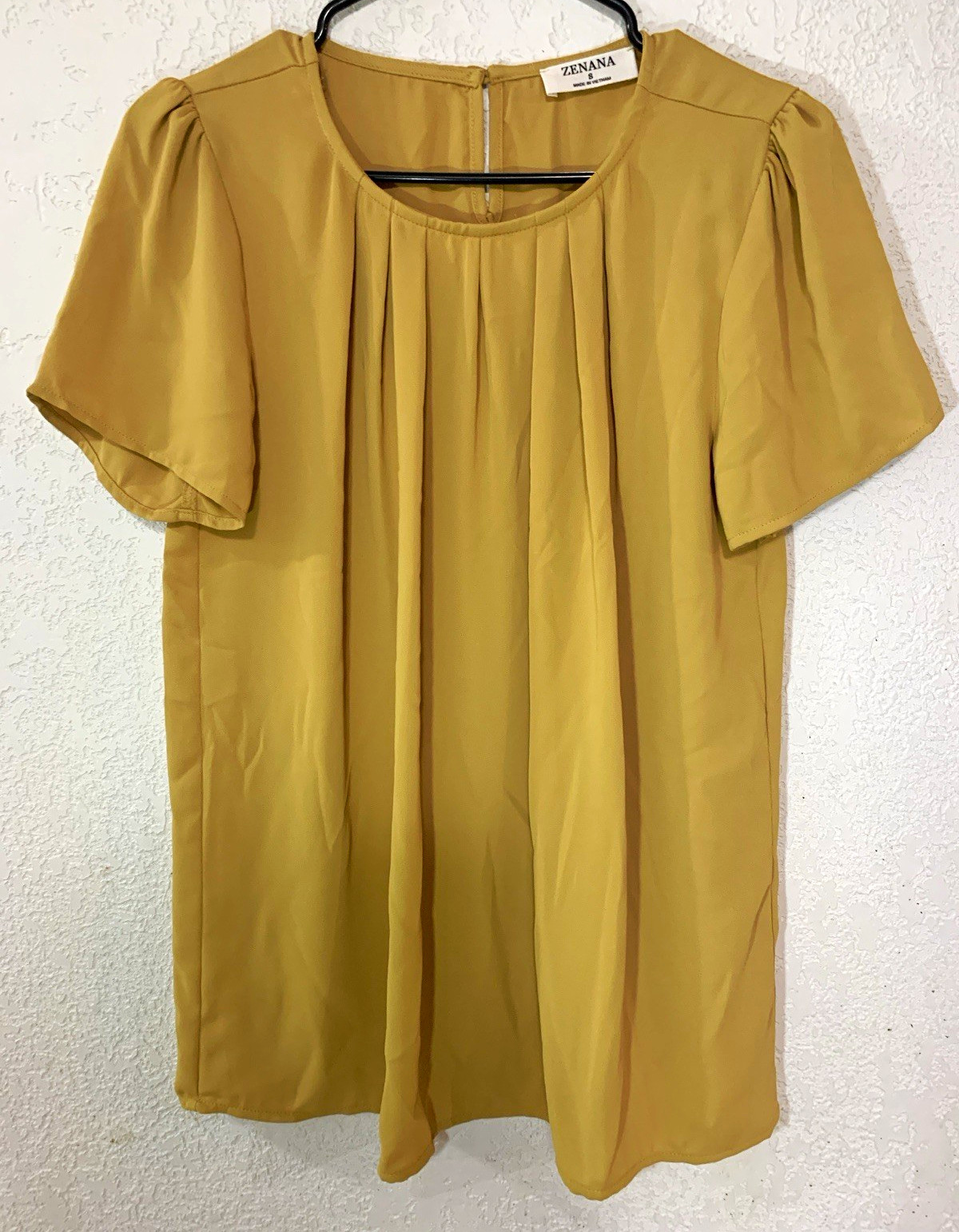 Zenana Yellow Pleated Puff Short Sleeve Round Neck Blouse Polyester S