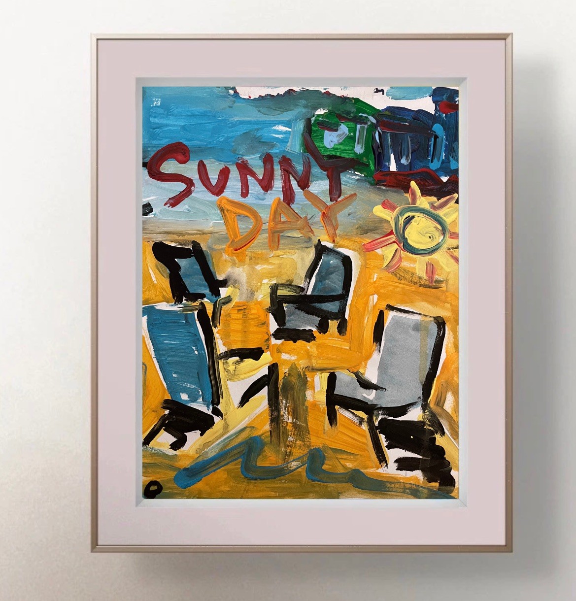 OMAN Original Painting Abstract Beach Sunny Day Chairs Pop Folk Art Paper 8.5x11