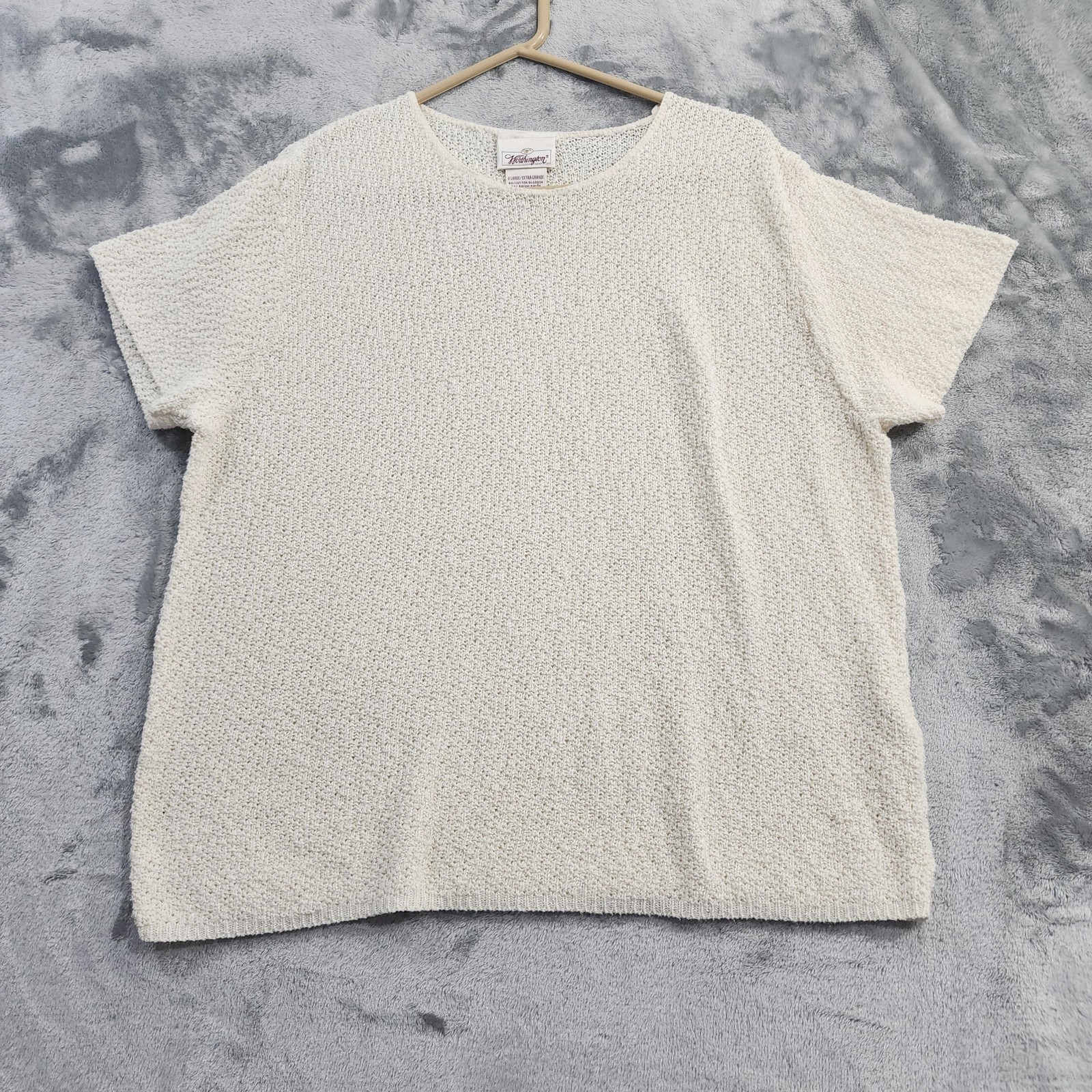 Vintage Worthington Sweater Top Womens XL Cream Short Sleeve Textured Knit