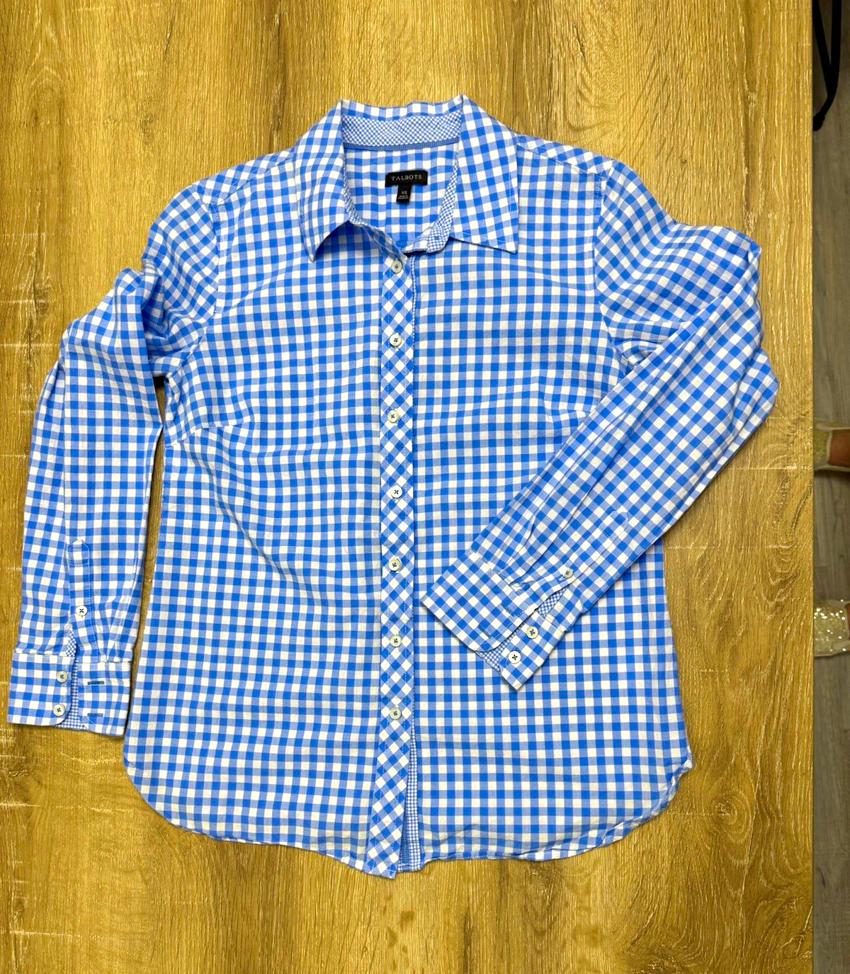 Talbots Women\'s XS Blue/White Gingham Collared Long Sleeve Button-Up Cotton