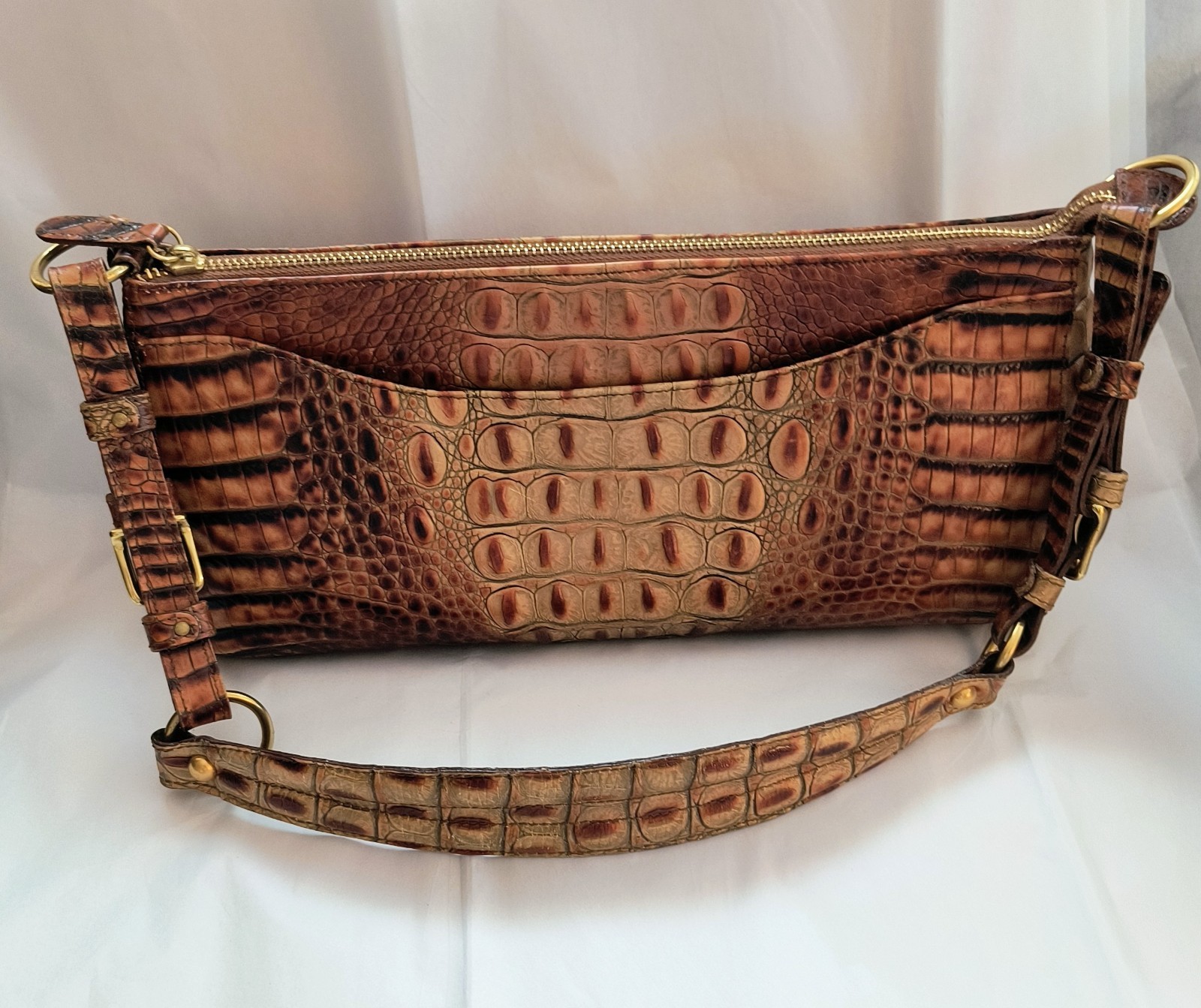 Brahmin Brown Ombré Embossed Alligator Leather Satchel Shoulder Bag 