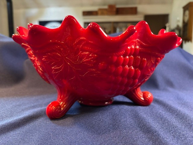 Fenton Mandarin Red Slag Carnival Glass Grape & Cable Footed Bowl