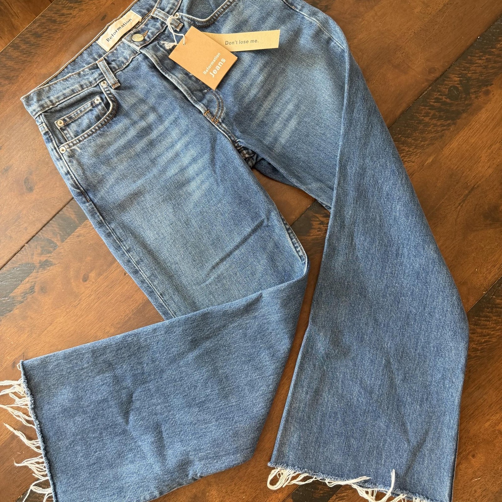 Reformation Jeans Womens 26 Blue Mid Crop Flare Baltic Raw Frayed Hem Denim