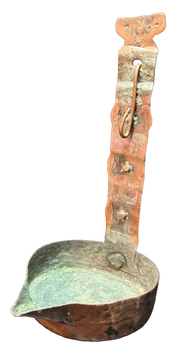 Antique Hand-hammered Copper Betty Lamp Oil Grease Crusie Maker Mark A Antique Hand-hammered Copper Betty Lamp Oil Grease Crusie Maker Mark A