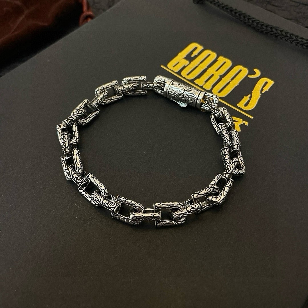 Goro's Punk Rock Retro Engraved Chain Bracelet Antiqued Silver Textured Link 