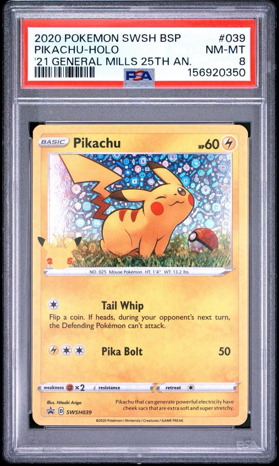 2020 Pokemon SWSH Pikachu Holo General Mills 25th Anniversary PSA 8 NM-MT #039