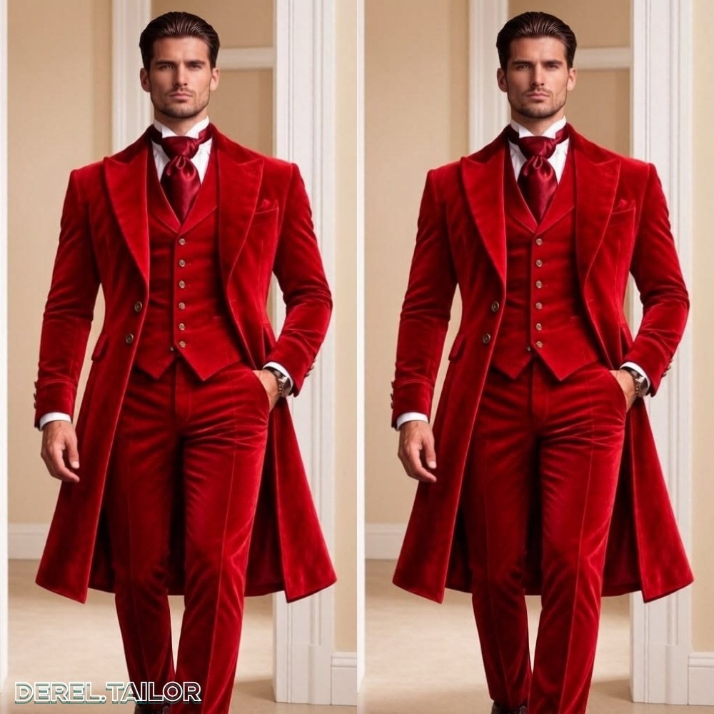3‑Piece Men Suit Set for Red Carpet Red Velvet Long Overcoat Wedding Groom Prom