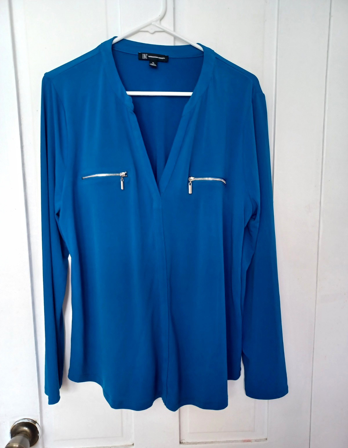 INC International Concepts Blue V-Neck Long Sleeve Zip Pocket Blouse XL