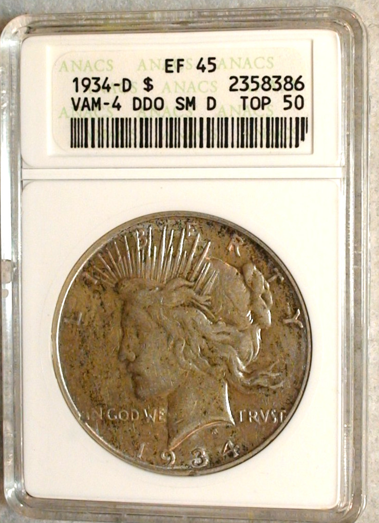 1934 D Peace Silver Dollar ANACS EF45 VAM 4 DDO $1 Coin IN SOAP BOX HOLDER