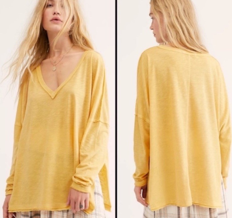 NEW Free People Women\'s On My Mind V-Neck Long Sleeve Shirt Camel/Yellow Size M