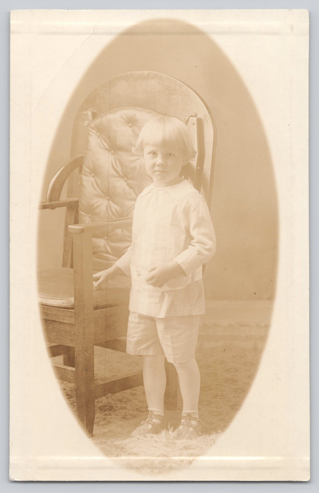 RPPC Antique Boy Oval Studio Portrait Armchair c1910s Real Photo