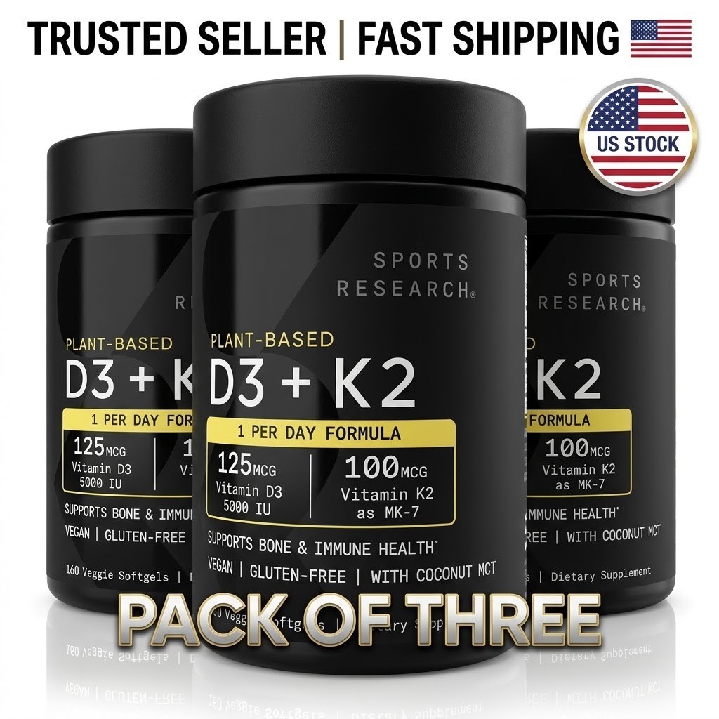 (Pack of 3) Sports Research Plant-Based Vitamin D3 + K2 5000 IU 160 Softgels