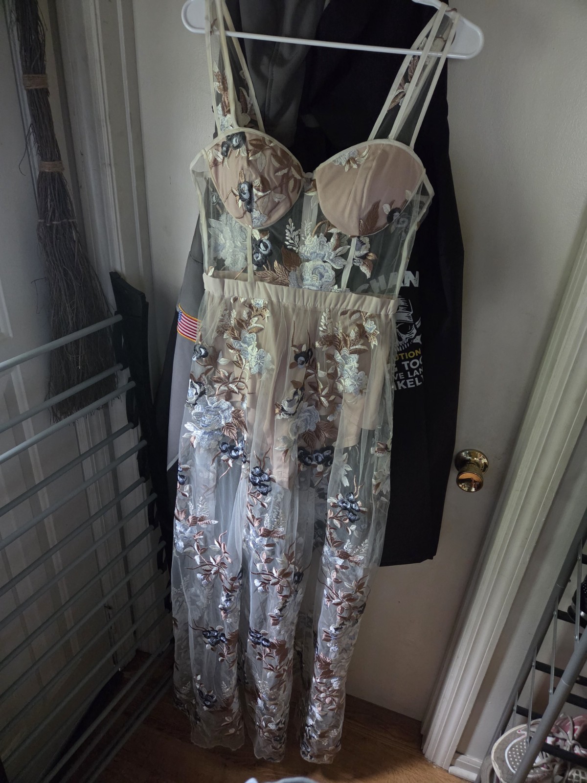 Stunning AKIRA sheer floral embroidered maxi dress featuring a structured corset