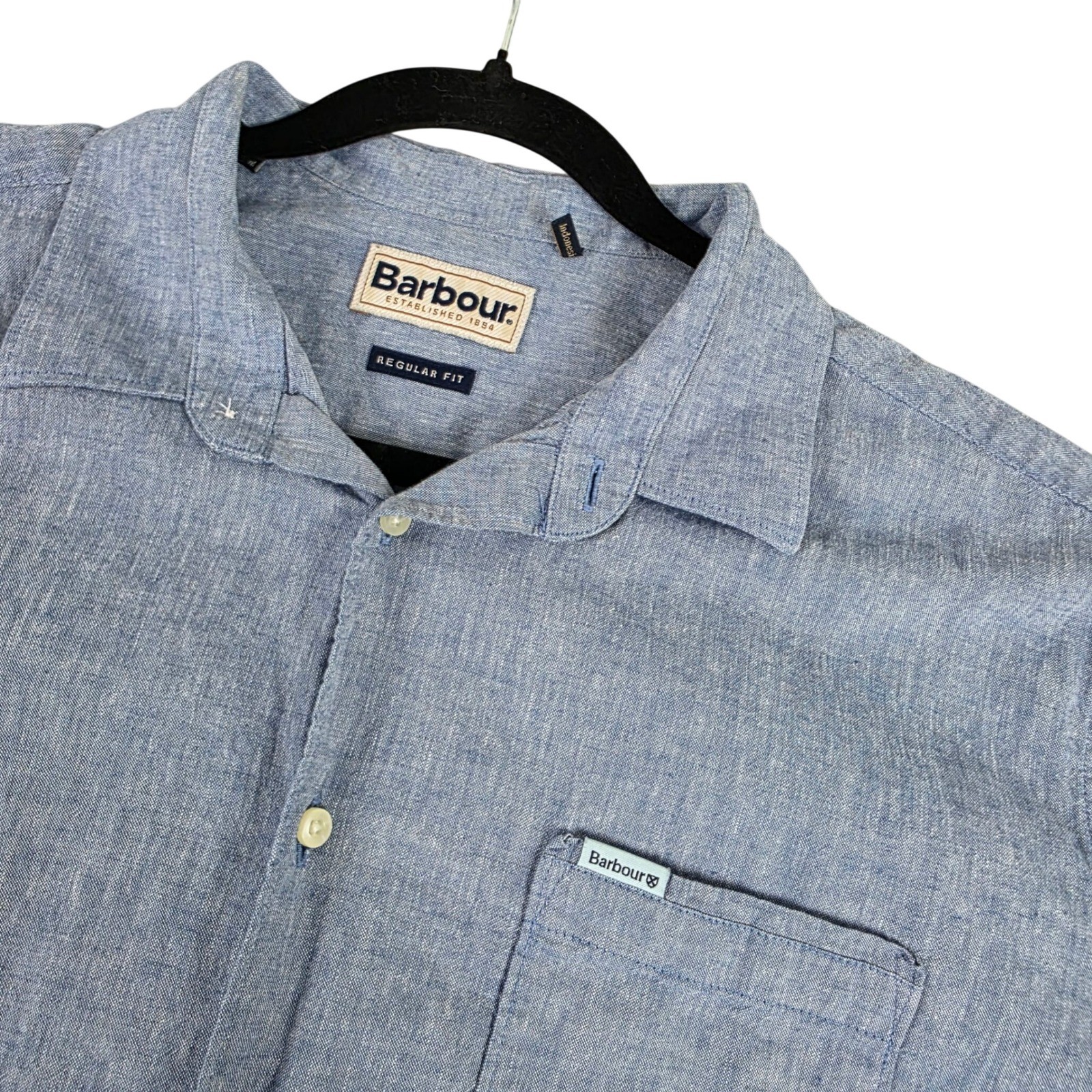 Barbour Mens Nelson Regular Blue Linen Cotton Short Sleeve Button Up Shirt sz M