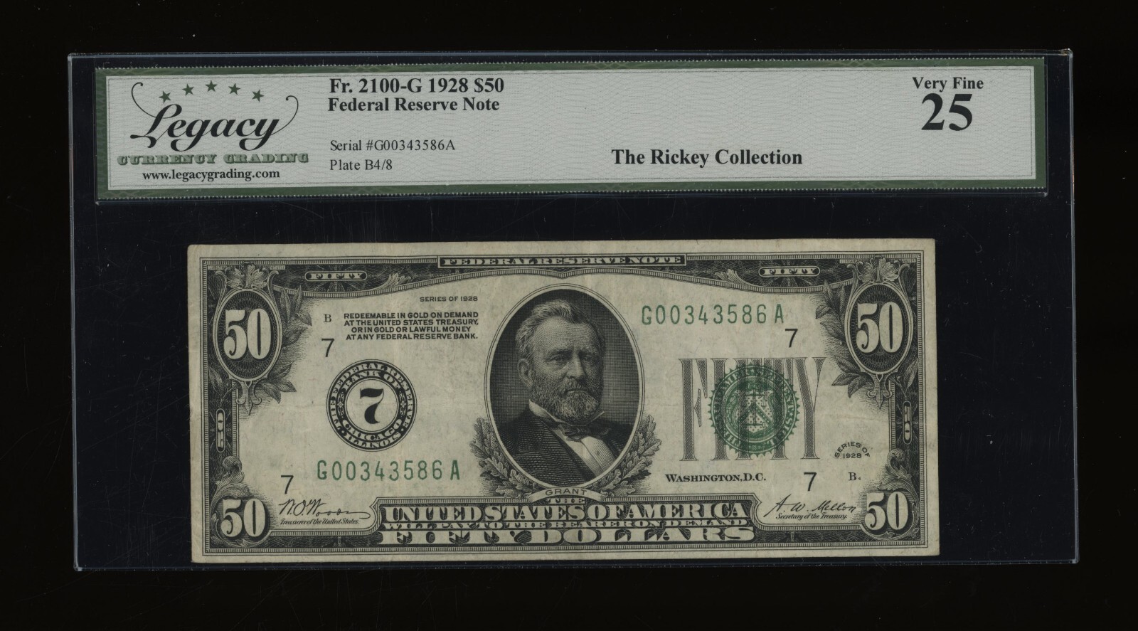 DBR 1928 $50 Chicago Numeral Fr. 2100-G Legacy 25 Serial G00343586A