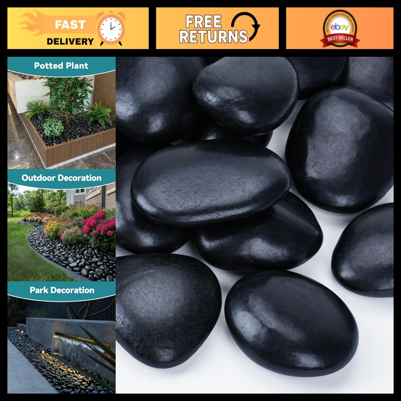 20lbs Black River Rocks for Landscaping, 2-3 Inch Decorative Stones for Planters