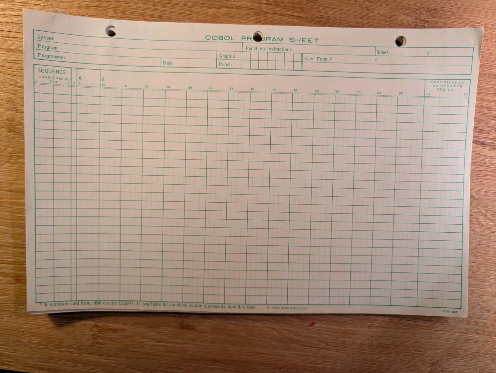 ONE (1) IBM Cobol Coding Form Program Sheet 1970\'s Form R 10-035 ONE (1) IBM Cobol Coding Form Program Sheet 1970\'s Form R 10-035