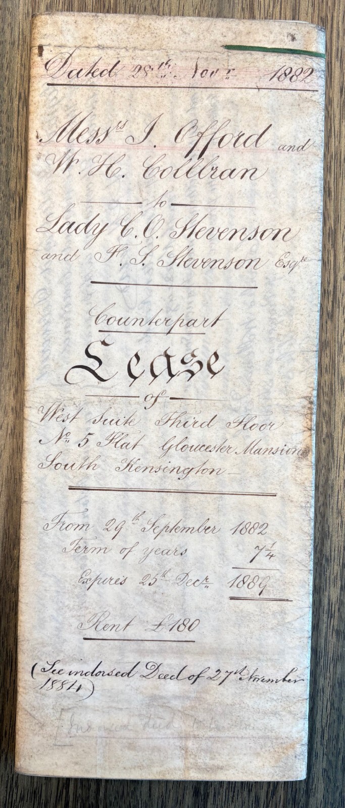 1882 Indenture Document London, England Goucester Mansions South Kensington