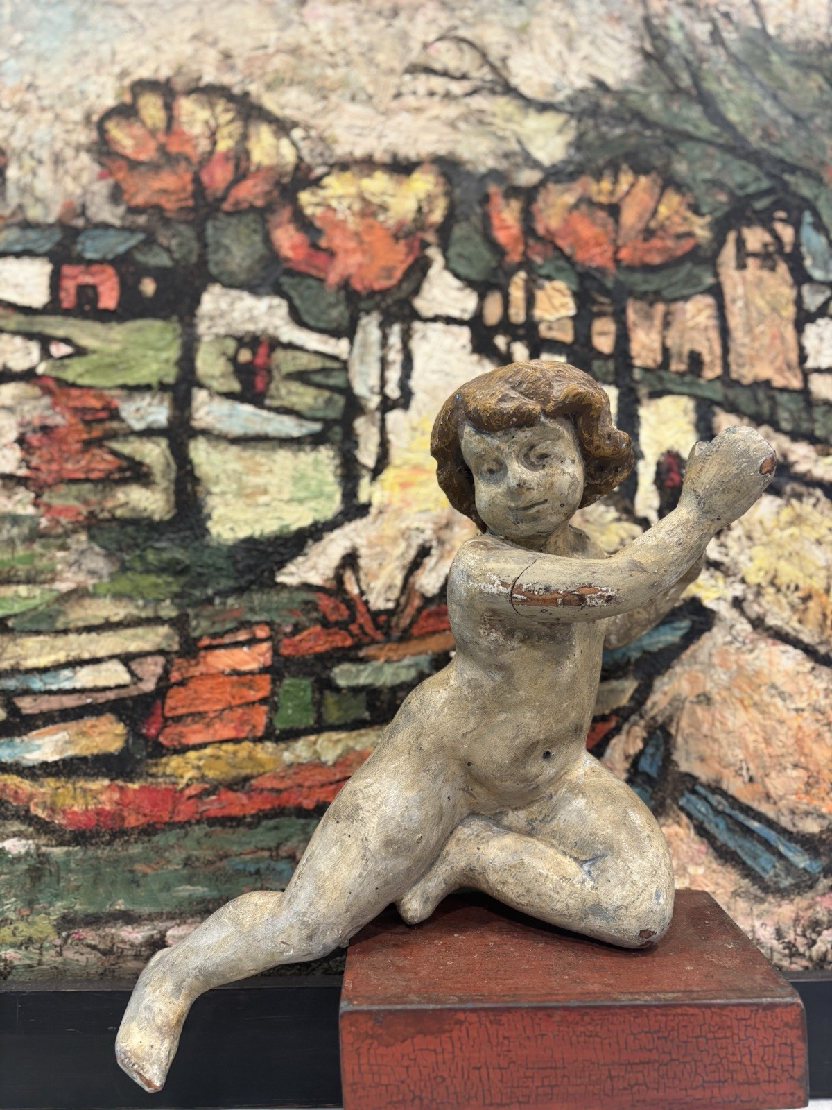 Antique Continental Carved Painted Wood Child Figure 18th/19th C 14” Cherub Putt