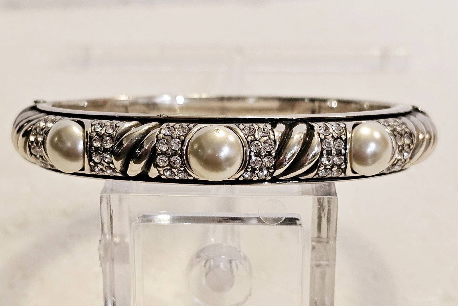 Vintage Brighton Hinged Bangle Silverton Faux Pearls W/Clear Rhinestones Signed Vintage Brighton Hinged Bangle Silverton Faux Pearls W/Clear Rhinestones Signed