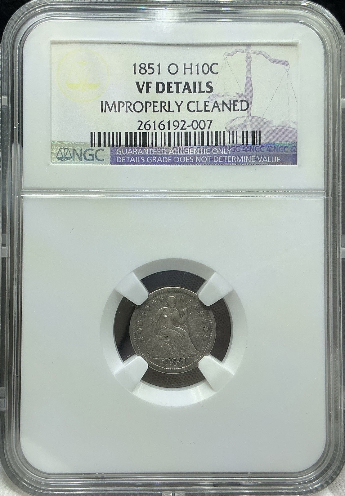 1851 O NGC VF Detail - Silver Seated Half Dime H10C US Coin 1851 O NGC VF Detail - Silver Seated Half Dime H10C US Coin