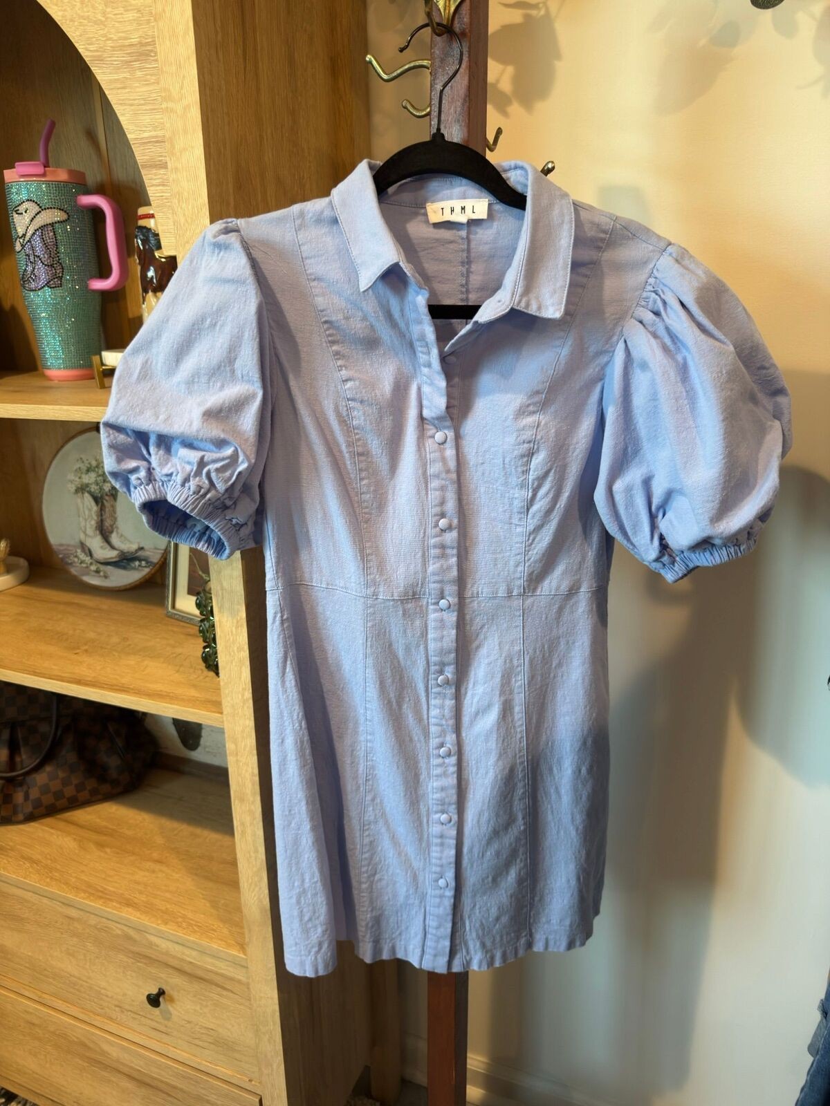 THML Light Blue Button-Up Dress with Puff Sleeves Size M