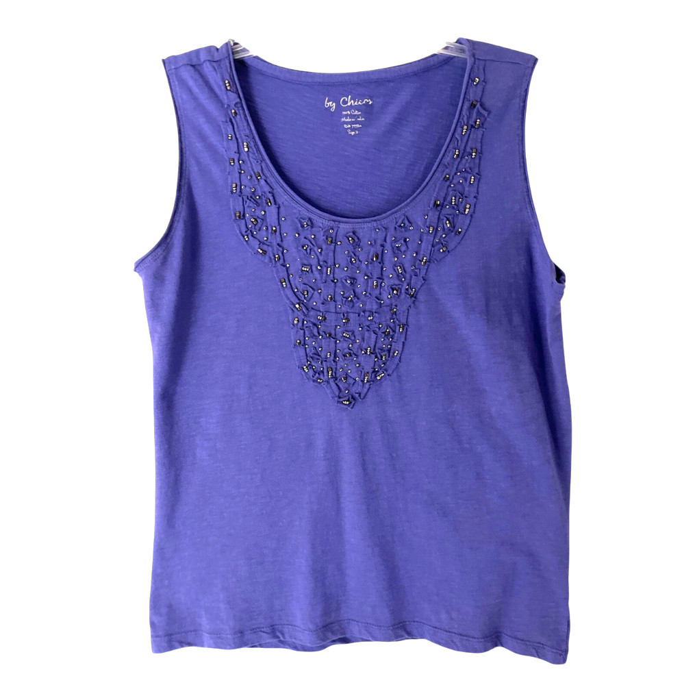 NWT Chico\'s Cotton Knit Tank Top PURPLE w/GUNMETAL BEADED Cut-Piece Trim SZ 2 NWT Chico\'s Cotton Knit Tank Top PURPLE w/GUNMETAL BEADED Cut-Piece Trim SZ 2