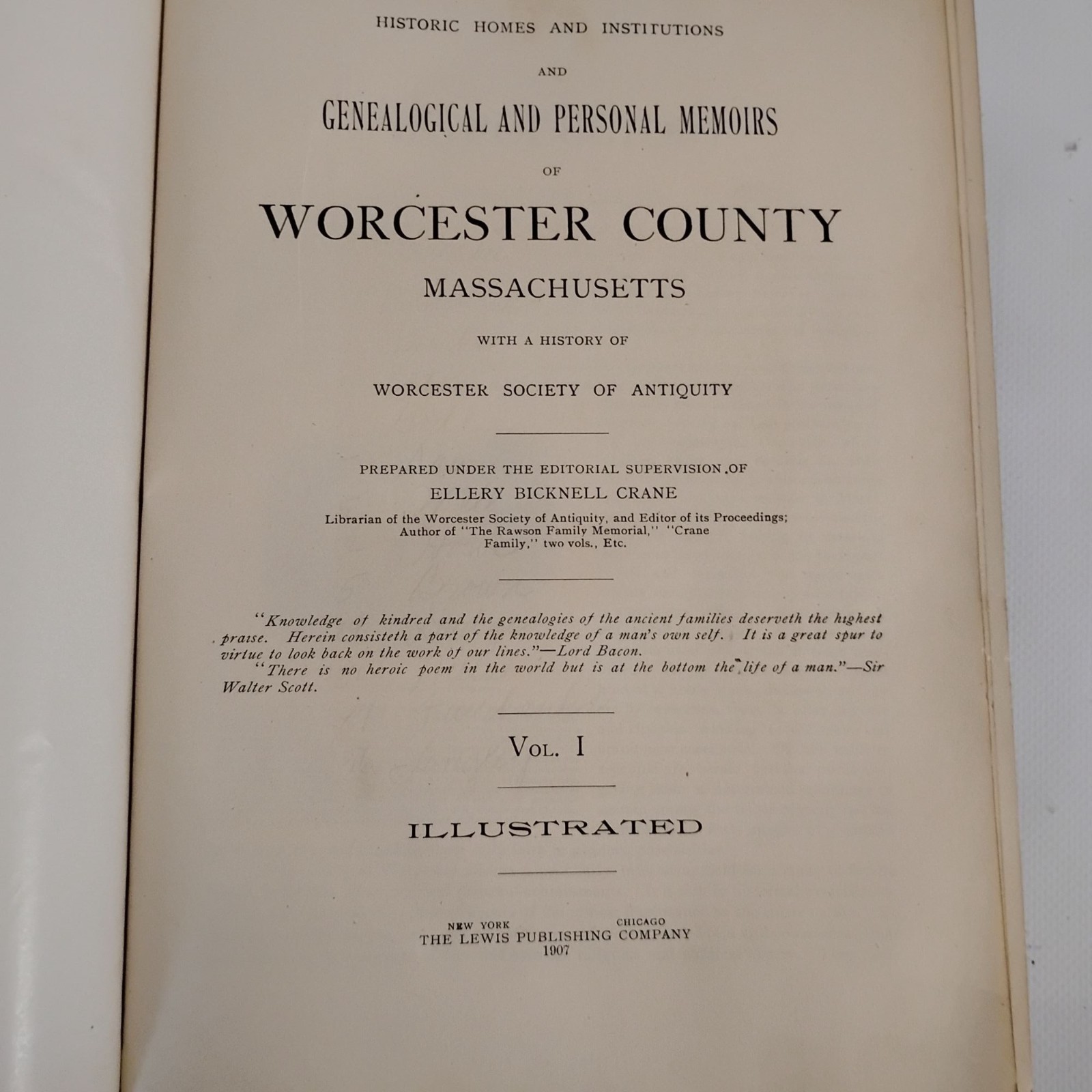 Genealogical & Personal Memoirs Of Worcester County Vol 1 1907 Hardcover READ