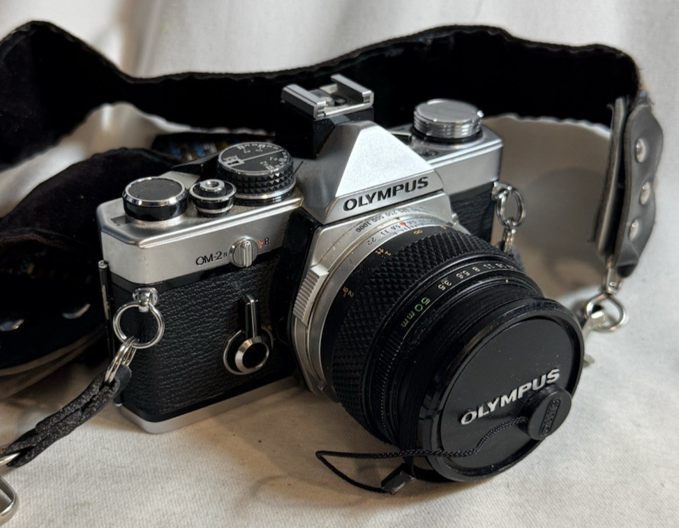 Used VTG Olympus OM-2n MD 35mm Film SLR Camera w/ 50mm Lens, Cap, Strap
