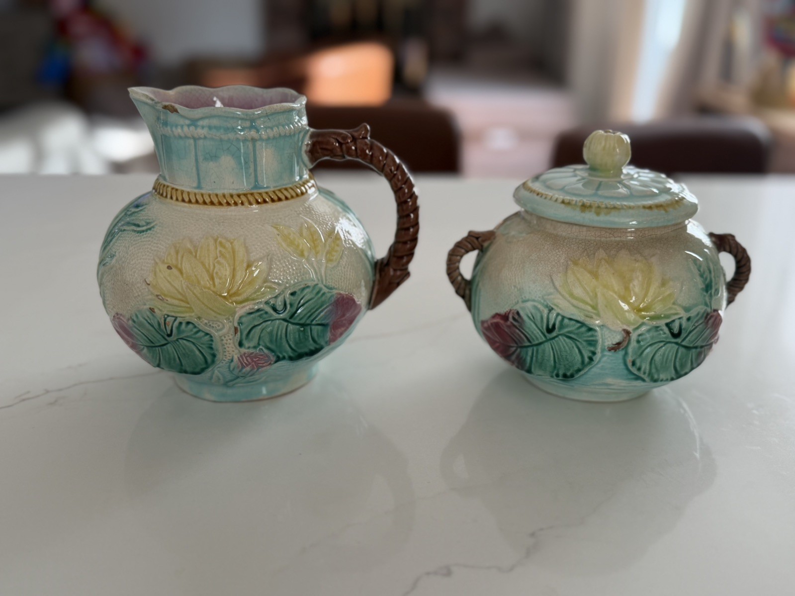 Vintage English Genuine Samuel Lear Majolica  Water Lily Creamer & Sugar Bowl