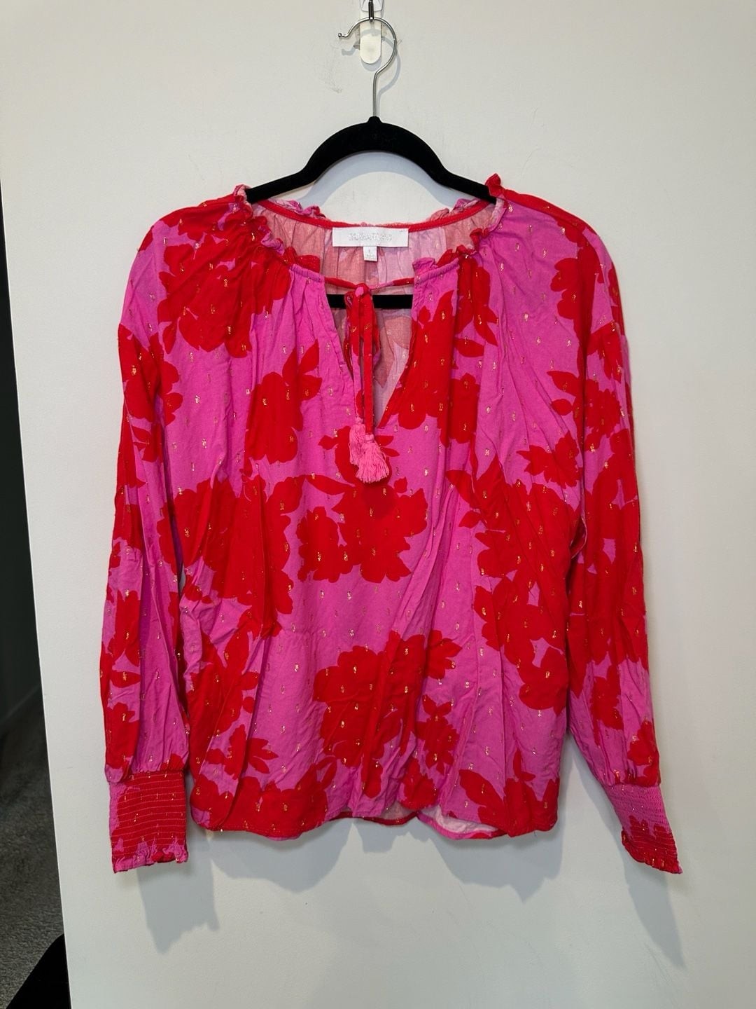 Sugarlips Pink and Red Floral Print Long Sleeve Split Neck Blouse with Gold Sugarlips Pink and Red Floral Print Long Sleeve Split Neck Blouse with Gold