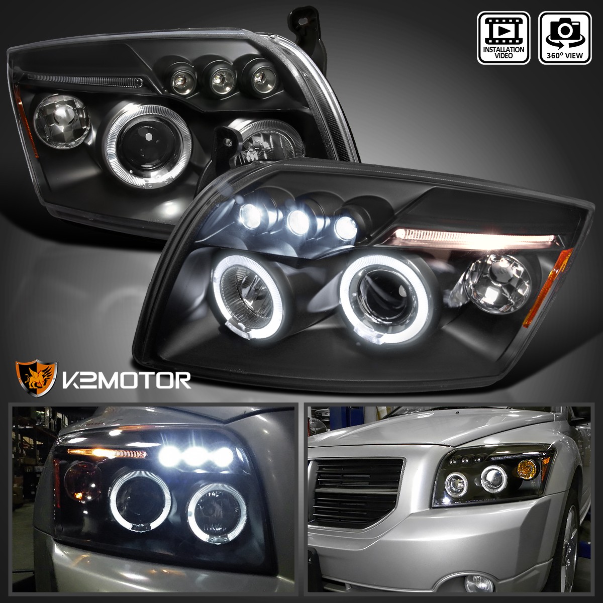 Black Fits 2007-2012 Dodge Caliber LED Halo Projector Headlights Lamps L+R 07-12