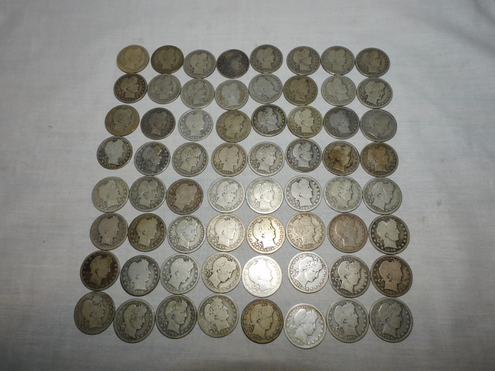 LOT OF 64 U.S. BARBER QUARTERS .25 COINS (1892-1916) FULL DATES - 