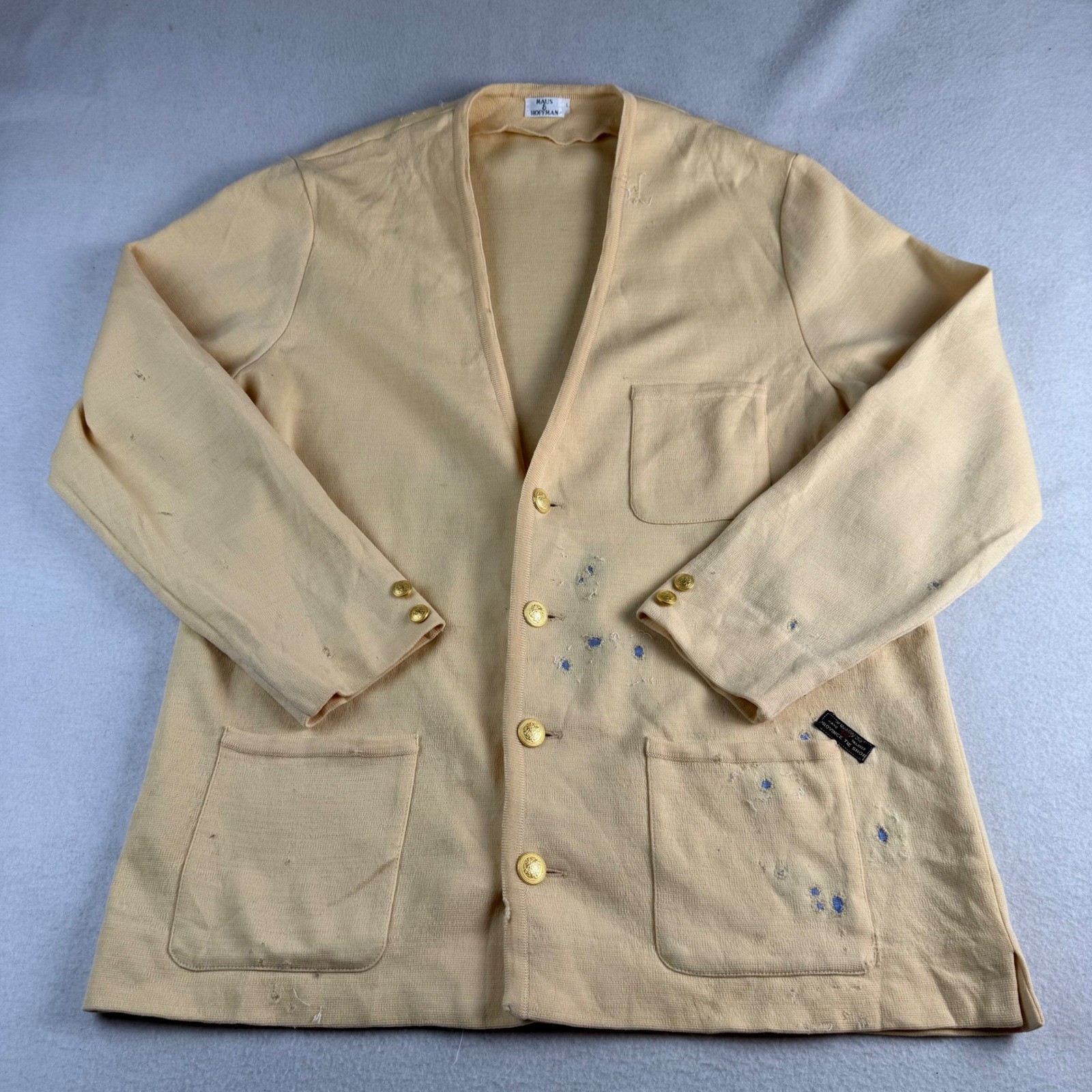 Vintage Maus & Hoffman Yellow Distressed Cardigan Gold Crest Buttons Mens L