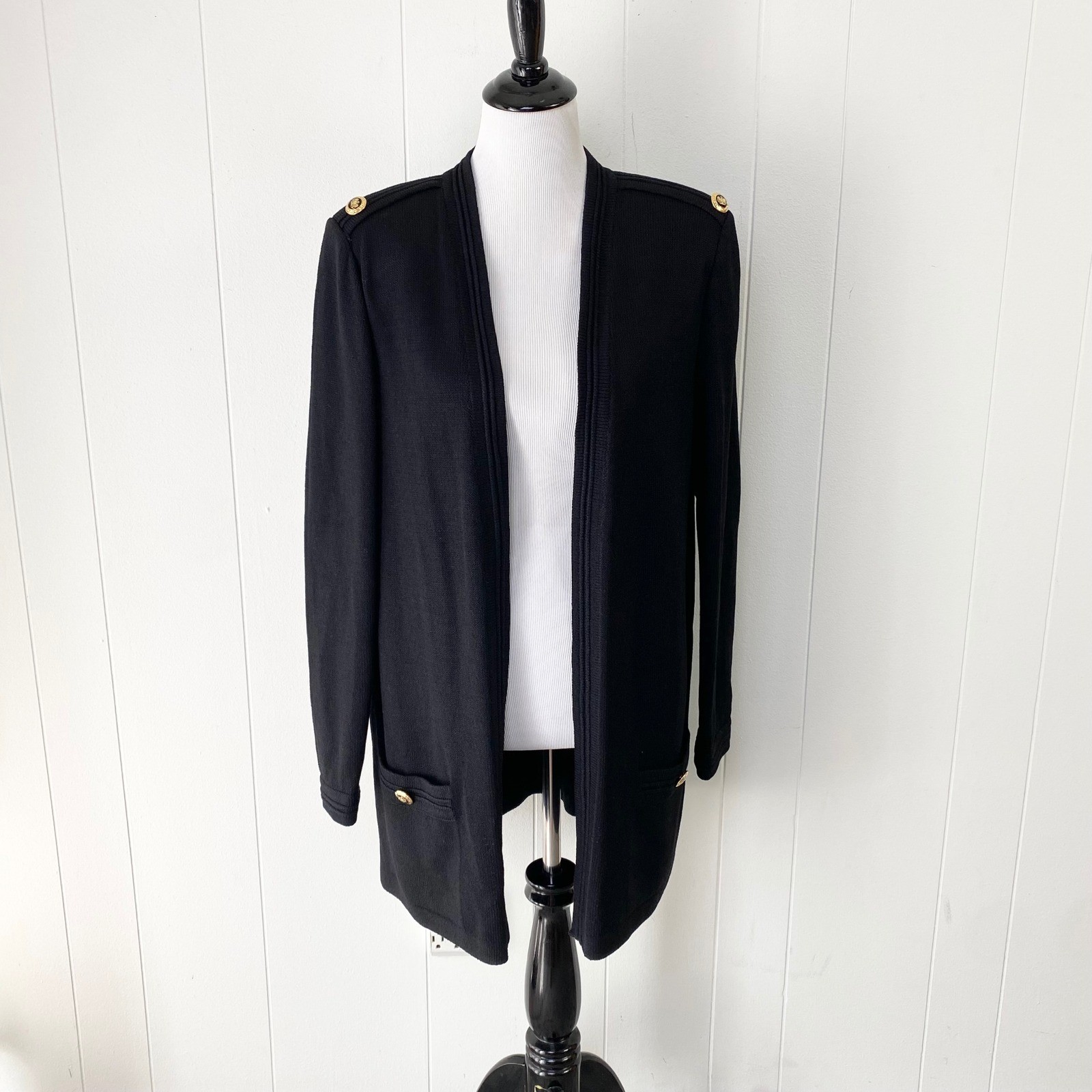 VTG St. John Basics Black Santana Knit Open Front Long Cardigan Gold Crest Sz L VTG St. John Basics Black Santana Knit Open Front Long Cardigan Gold Crest Sz L